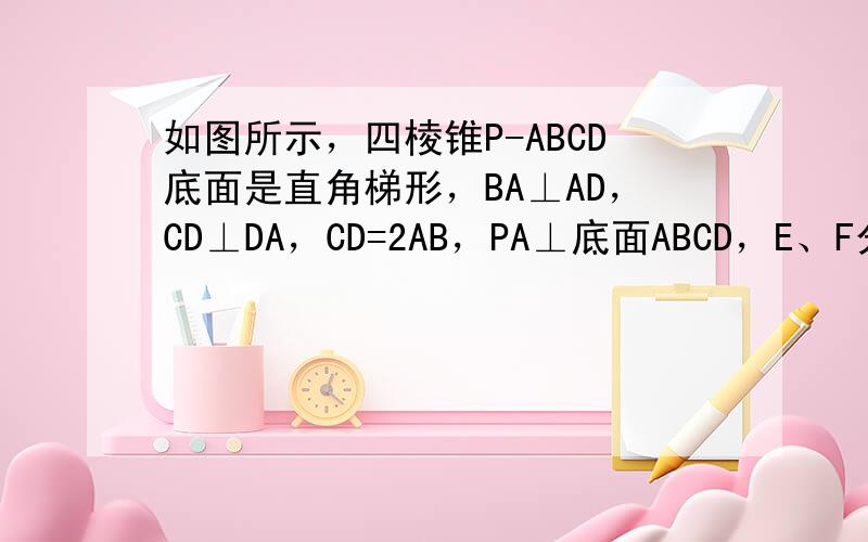 如图所示，四棱锥P-ABCD底面是直角梯形，BA⊥AD，CD⊥DA，CD=2AB，PA⊥底面ABCD，E、F分别为PC，