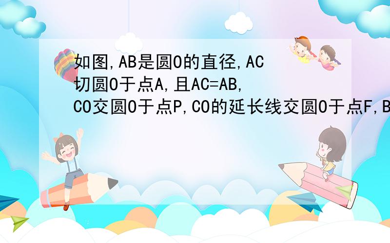 如图,AB是圆O的直径,AC切圆O于点A,且AC=AB,CO交圆O于点P,CO的延长线交圆O于点F,BP的延长线交AC于