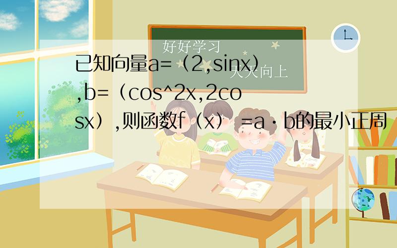 已知向量a=（2,sinx）,b=（cos^2x,2cosx）,则函数f（x） =a•b的最小正周