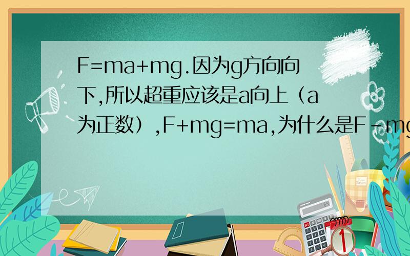 F=ma+mg.因为g方向向下,所以超重应该是a向上（a为正数）,F+mg=ma,为什么是F-mg=ma