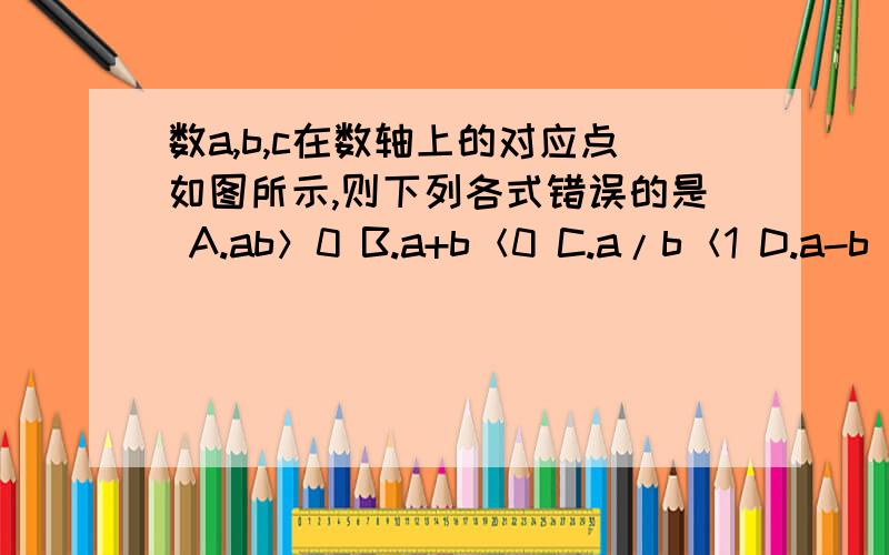 数a,b,c在数轴上的对应点如图所示,则下列各式错误的是 A.ab＞0 B.a+b＜0 C.a/b＜1 D.a-b＜0