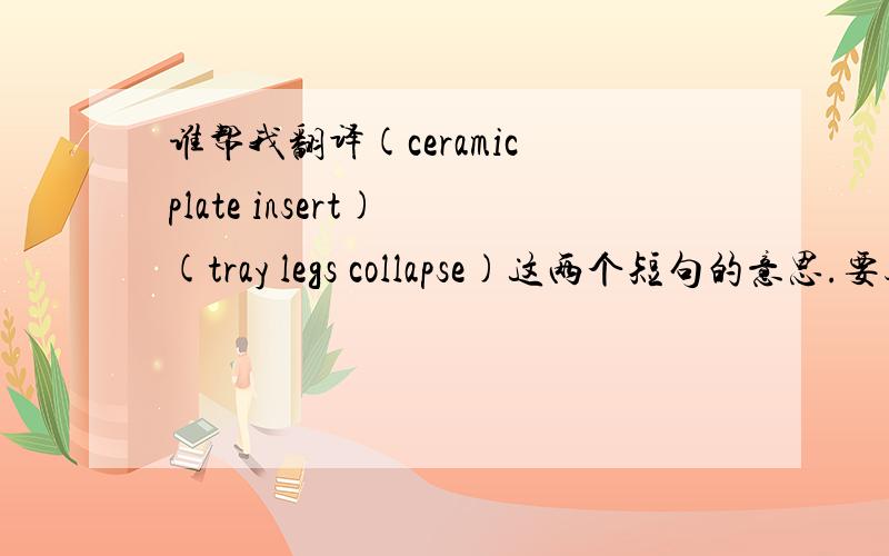 谁帮我翻译(ceramic plate insert) (tray legs collapse)这两个短句的意思.要具体