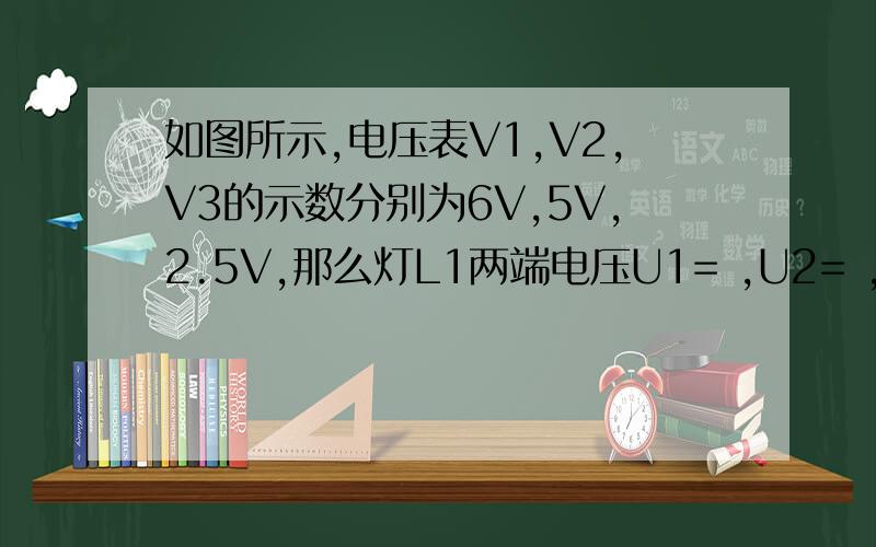 如图所示,电压表V1,V2,V3的示数分别为6V,5V,2.5V,那么灯L1两端电压U1= ,U2= ,U3= ,电源U