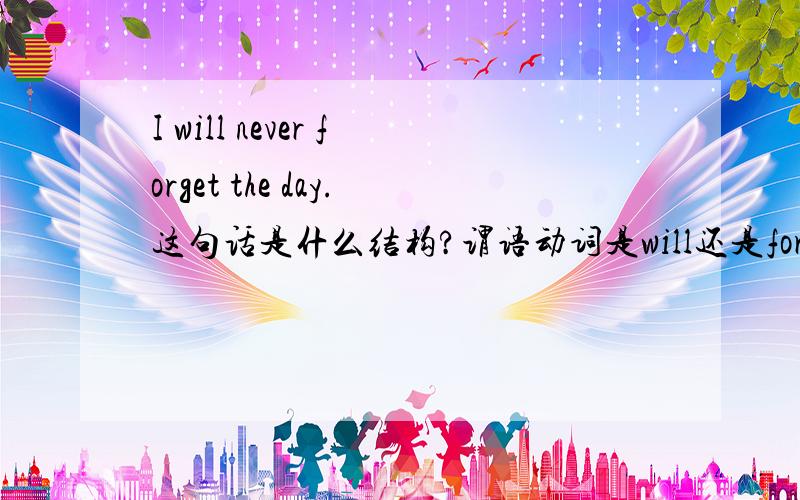 I will never forget the day.这句话是什么结构?谓语动词是will还是forget?