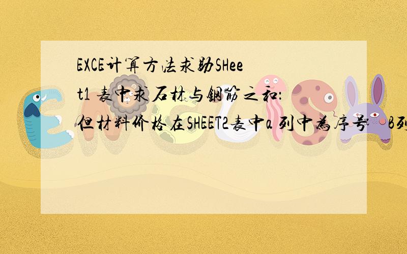 EXCE计算方法求助SHeet1 表中求石材与钢筋之和：但材料价格在SHEET2表中a 列中为序号　B列为名称　C列为单
