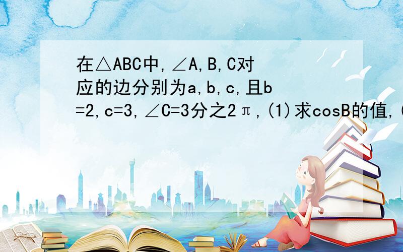 在△ABC中,∠A,B,C对应的边分别为a,b,c,且b=2,c=3,∠C=3分之2π,(1)求cosB的值,(2