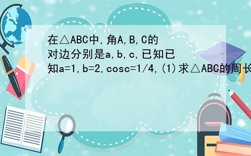 在△ABC中,角A,B,C的对边分别是a,b,c,已知已知a=1,b=2,cosc=1/4,(1)求△ABC的周长（2）