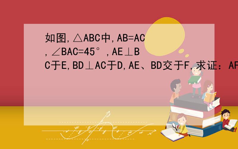 如图,△ABC中,AB=AC,∠BAC=45°,AE⊥BC于E,BD⊥AC于D,AE、BD交于F,求证：AF=BC,若B