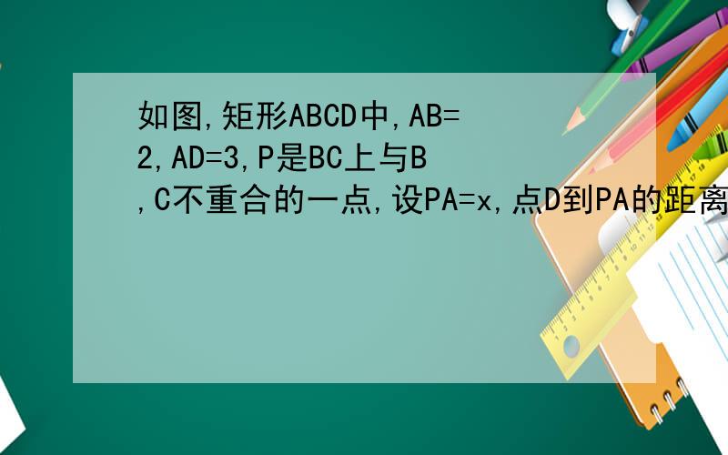 如图,矩形ABCD中,AB=2,AD=3,P是BC上与B,C不重合的一点,设PA=x,点D到PA的距离为y,求y与x之间
