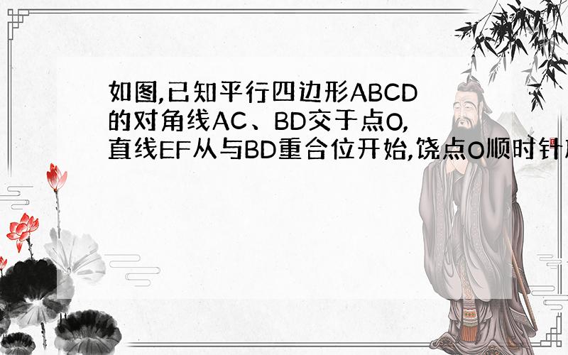 如图,已知平行四边形ABCD的对角线AC、BD交于点O,直线EF从与BD重合位开始,饶点O顺时针旋转交AB、CD