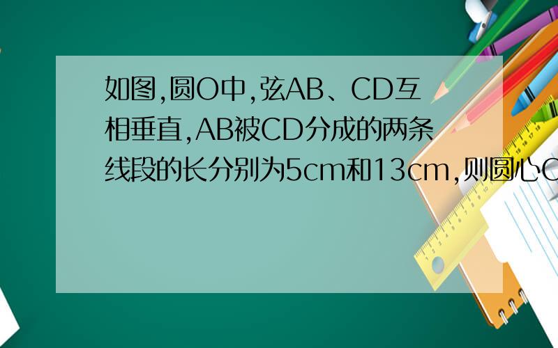 如图,圆O中,弦AB、CD互相垂直,AB被CD分成的两条线段的长分别为5cm和13cm,则圆心O到CD的距离为（）