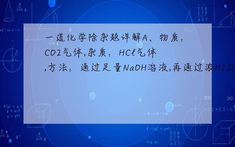 一道化学除杂题详解A、物质：CO2气体,杂质：HCl气体,方法：通过足量NaOH溶液,再通过浓H2SO4B、物质：Na2