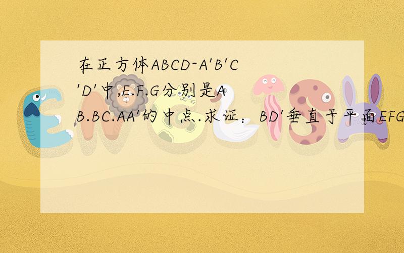 在正方体ABCD-A'B'C'D'中,E.F.G分别是AB.BC.AA'的中点.求证：BD'垂直于平面EFG