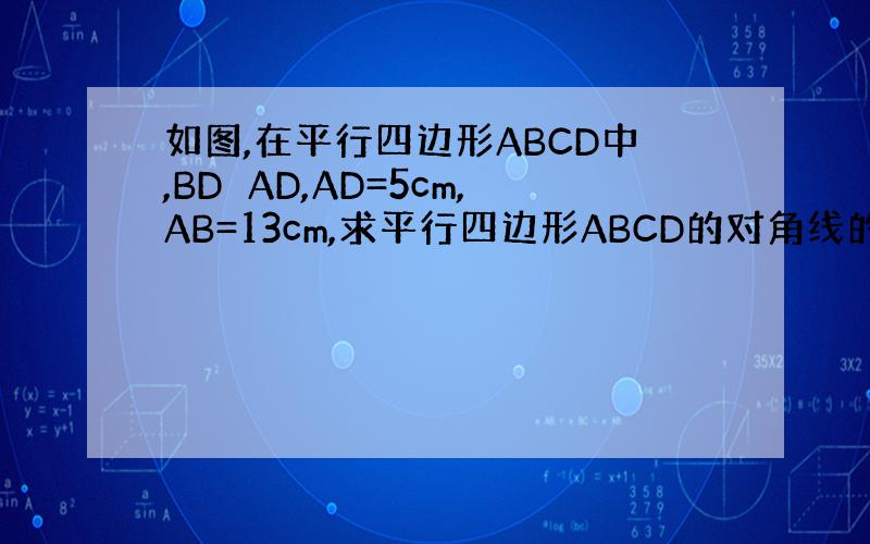如图,在平行四边形ABCD中,BD⊥AD,AD=5cm,AB=13cm,求平行四边形ABCD的对角线的长