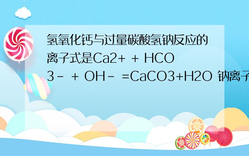 氢氧化钙与过量碳酸氢钠反应的离子式是Ca2+ + HCO3- + OH- =CaCO3+H2O 钠离子应有阴离子与之配对