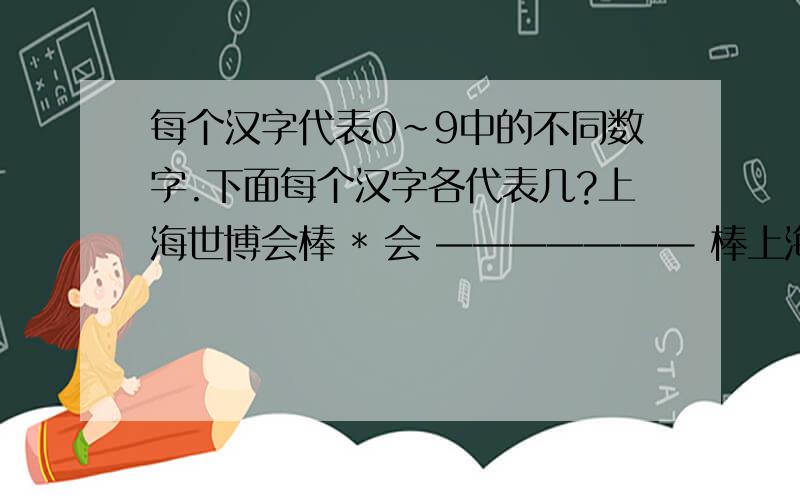 每个汉字代表0~9中的不同数字.下面每个汉字各代表几?上海世博会棒 * 会 ——————— 棒上海世博会