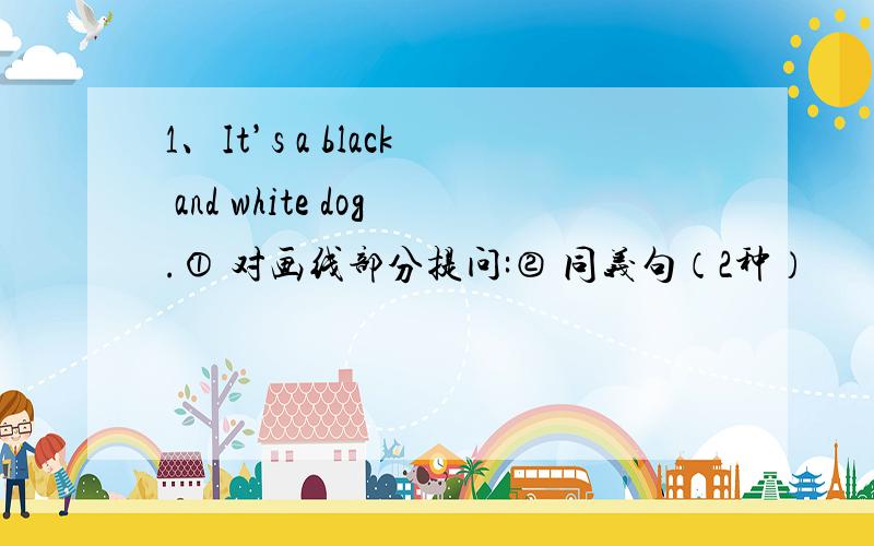 1、It’s a black and white dog.① 对画线部分提问:② 同义句（2种）