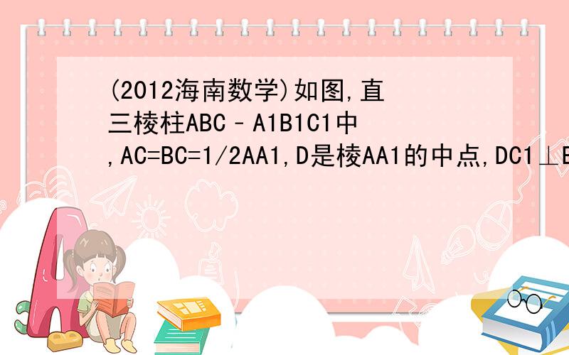 (2012海南数学)如图,直三棱柱ABC﹣A1B1C1中,AC=BC=1/2AA1,D是棱AA1的中点,DC1⊥BD