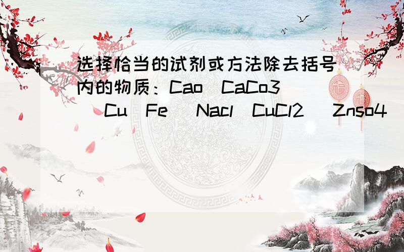 选择恰当的试剂或方法除去括号内的物质：Cao(CaCo3) Cu(Fe) Nacl(CuCl2) Znso4(Cuso4